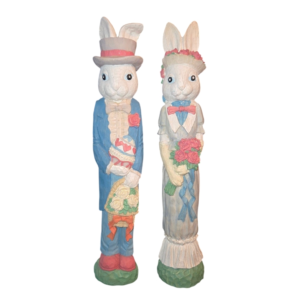 ABC Distributing Pair of 2 Brian & Frances Easter‎ Bunny Pencil Figurines 12"